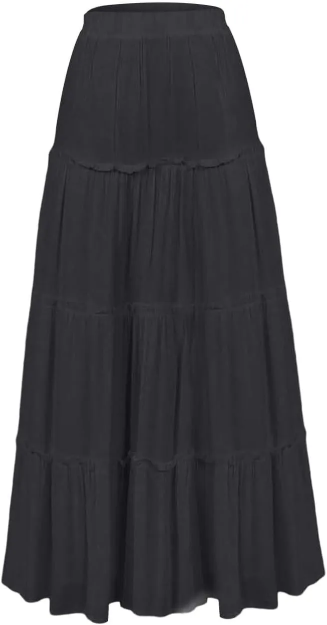 ZYXTIM Womens Summer Boho Beach Long Dress Elastic Waist Pleated A-Line Flowy Swing Tiered Maxi Skirt Solid Princess Dress