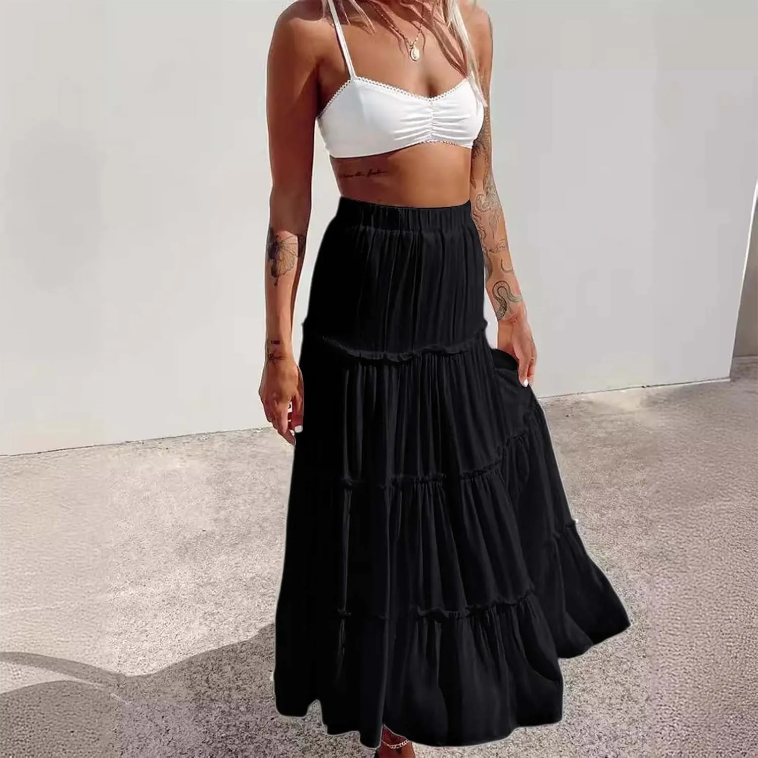 ZYXTIM Womens Summer Boho Beach Long Dress Elastic Waist Pleated A-Line Flowy Swing Tiered Maxi Skirt Solid Princess Dress
